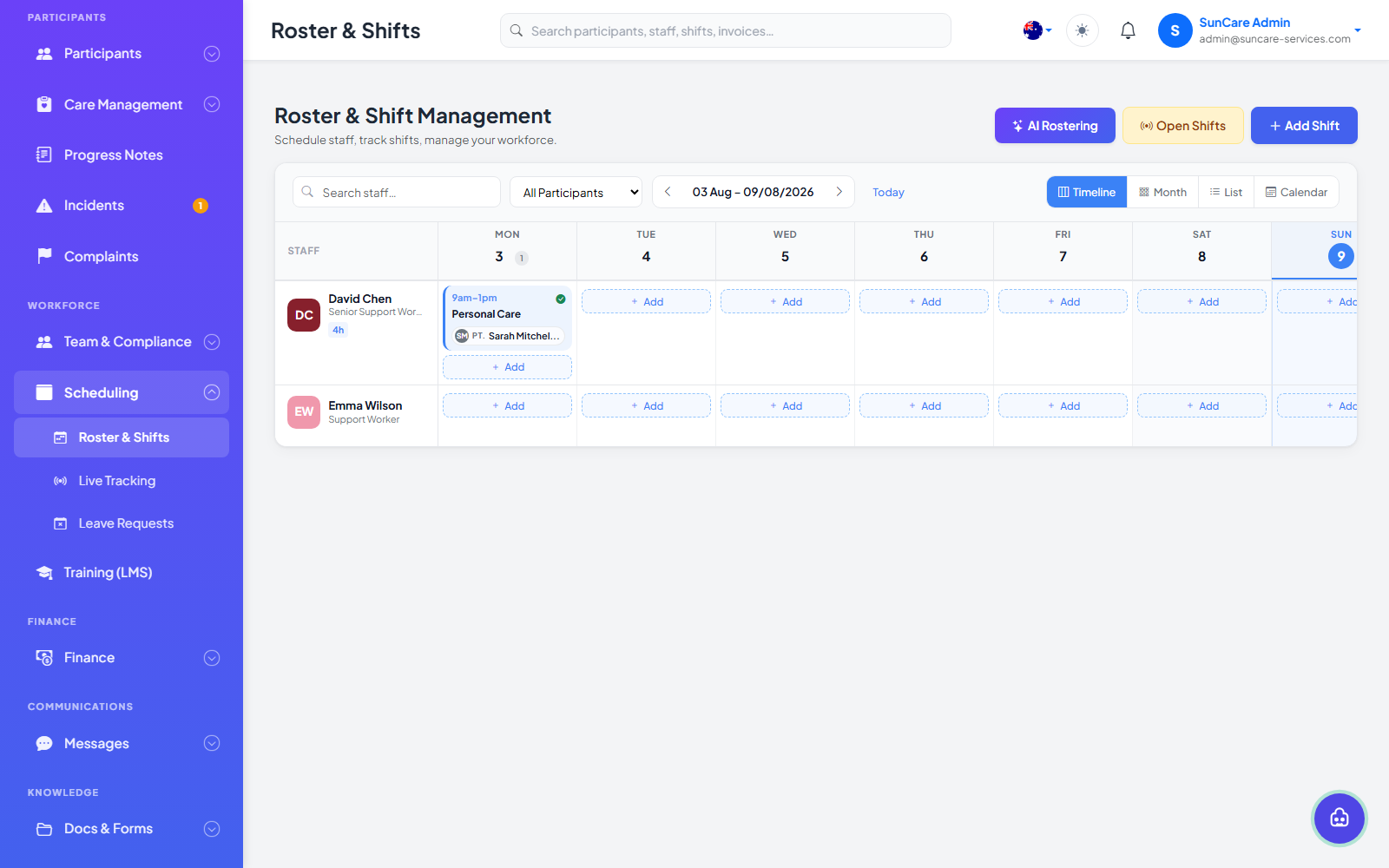 Plannor roster and shift management timeline with AI Rostering and Open Shifts